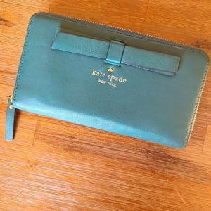 Kate Spade Leather turquoise teal blue green gold wallet clutch purse mini bag
